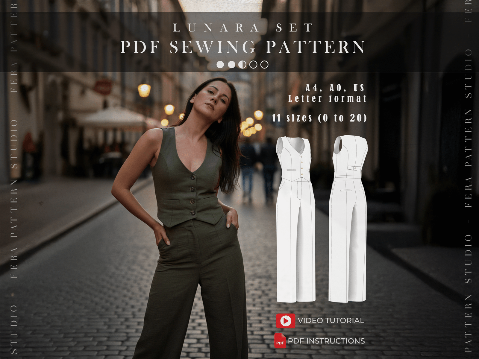 LUNARA PDF Sewing Pattern β Vest & High-Waist Trousers Set (Sizes 0β20, Layered)